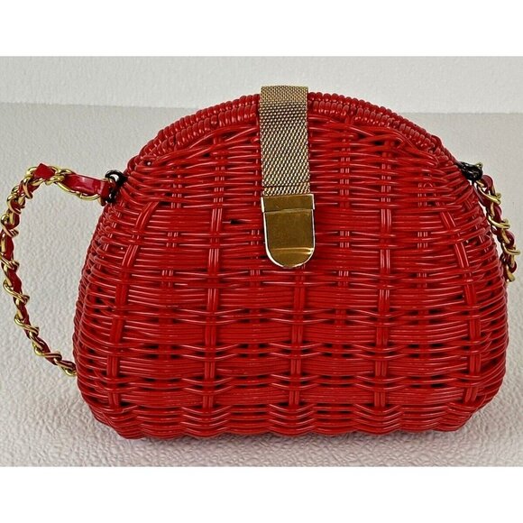 Red Woven Hard Shell Lined Crossbody 21" Gold Chain Strap Bag Gold Snap READ - Picture 10 of 16